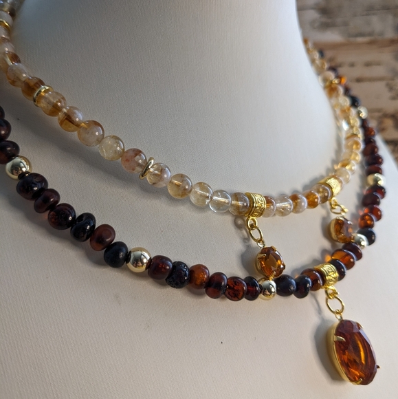 11 Carats Natural Whiskey Citrine & Baltic Amber Two Strand Choker Necklace - Picture 4 of 9